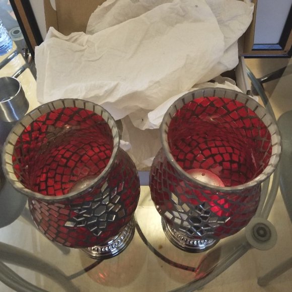 Vintage unique Pair burgundy Mosaic standing glass large candle holders - Picture 2 of 10